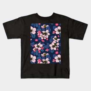 Apple blossom on dark blue Kids T-Shirt